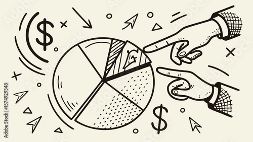 Abstract Illustration of Hands Analyzing a Pie Chart Representing Financial Data