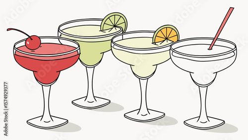 Four Colorful Margarita Cocktails:  Hand-Drawn Illustration, Festive Summer Mood,  Party Drinks,  Menu Design,  Restaurant Graphics.