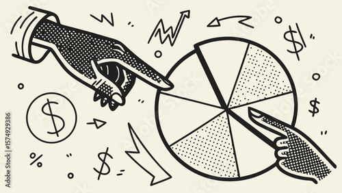Abstract Illustration Two Hands Pointing at a Pie Chart, Representing Collaboration and Financial Growth