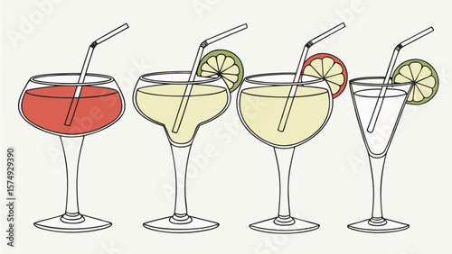 Four refreshing cocktails: lime margaritas, red wine spritzer, minimalist line art, summer mood.