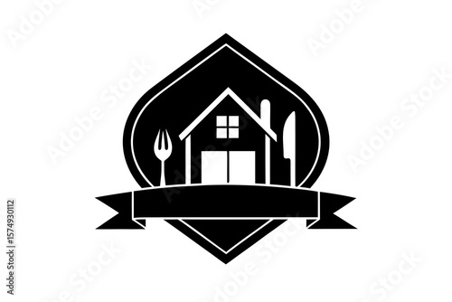 Restaurant Logo Silhouette with Fork, Knife, House, and Ribbon Badge Vector