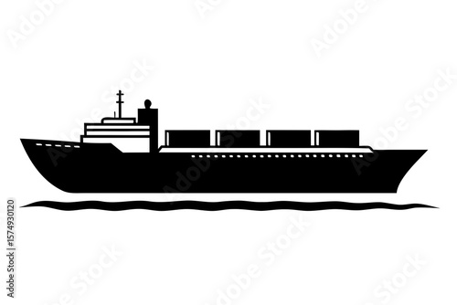 Cargo Ship Silhouette Vector Icon on Ocean Waves