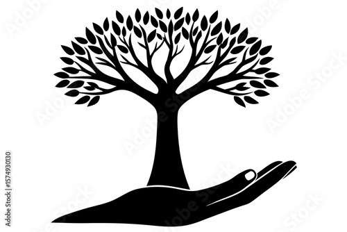 Tree in Hand Silhouette Vector – Nature Protection Concept Art