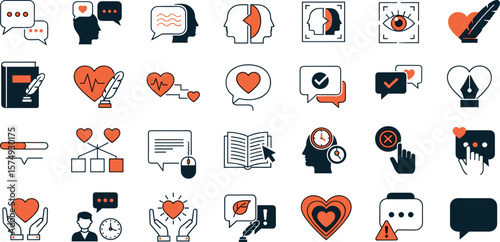 AI emotional dialogue line icon set. Vector pictograms of conversation, empathy, therapy, support chat, feedback, identity, understanding, thin linear illustration
