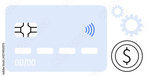 Credit card with contactless symbol, dollar sign, and gears. Ideal for finance, e-commerce, banking, cashless society, online payment fintech digital transformation. Simple flat metaphor