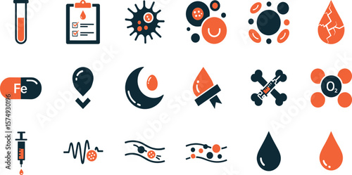 Anemia and blood disorder line icon set. Vector pictograms of test, droplet, supplement, ribbon, awareness, centrifuge, bone, marrow, plasma, transfusion, lab sample, thin linear illustration