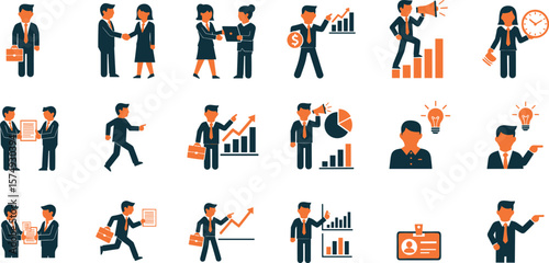 Business people line icon set. Vector pictograms of management, success people, marketing, finance, presentation, partnership, collaboration, thin linear illustration