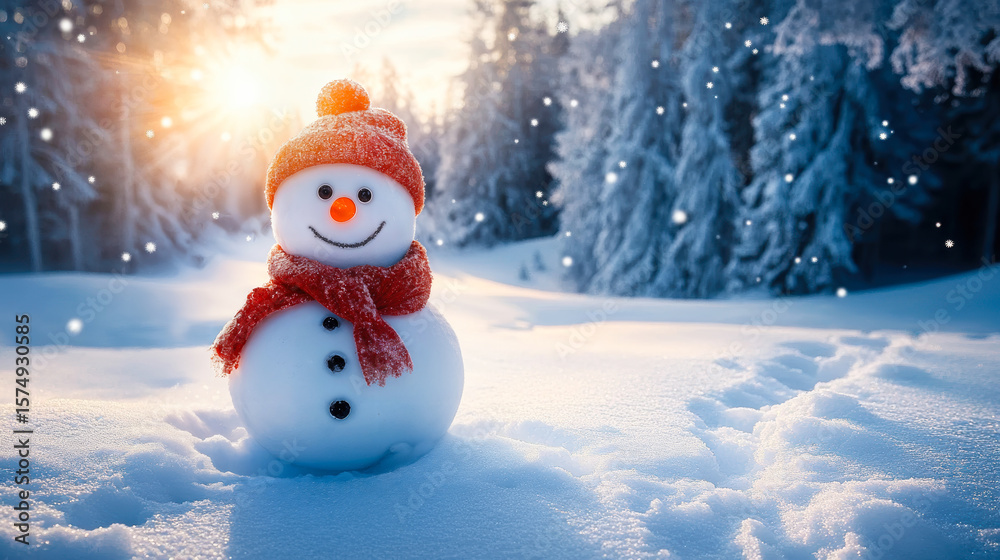 Obraz premium Smiling snowman with red scarf and hat standing on fresh snow in winter forest at golden sunset with falling snowflakes and blue frosty trees background
