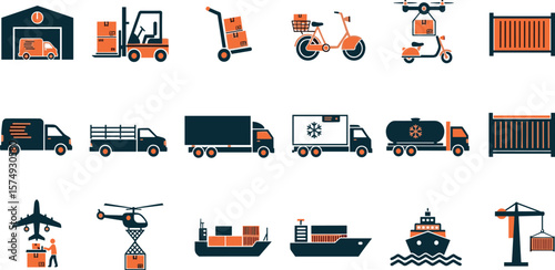 Commercial vehicles line icon set. Vector pictograms of container, pallet, forklift, plane, drone, helicopter, ship, train, cargo truck, warehouse, thin linear illustration.