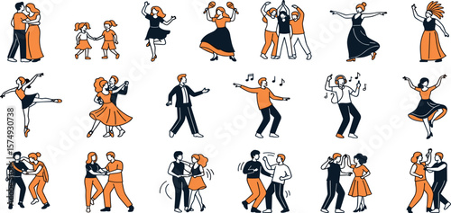 Dance line icon set. Vector pictograms of various people dancing styles - ballet, salsa, hip-hop, traditional folk, tango, jazz, samba, flamenco, disco freestyle thin linear illustration.