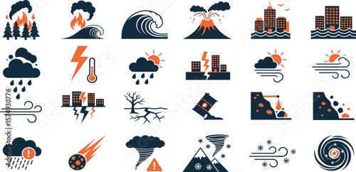 Disaster, weather hazard line icon set. Vector pictograms of natural and environmental calamities, wildfire, earthquake, tornado, flood, tsunami, volcanic eruption, blizzard thin linear illustration
