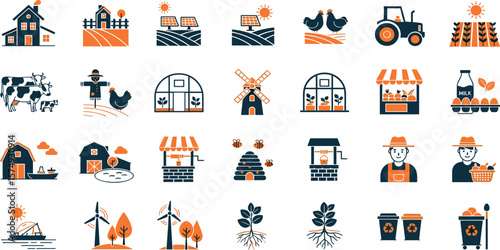 Eco Farm, Sustainable Agriculture line icon set. Vector pictograms of organic farming, renewable energy, animals, irrigation, recycling, solar panels, wind turbine thin linear illustration