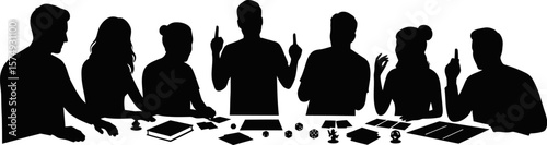 Silhouette of people playing tabletop rpg game with dice cards and miniatures for fantasy adventure fun