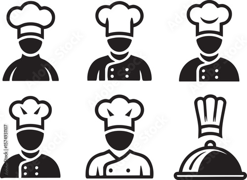 Chef Icon Collection Black And White Professional Culinary Uniform Variations Minimalist Style Restaurant And Food Service Vector Set Of Chefs