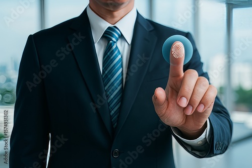 Fingerprint Authentication: A Businessman in Suit Accessing Secure Data with a Touch of Modern Technology and Elegant Style for Security.