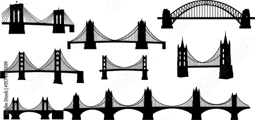 Famous bridges silhouette collection vector illustration landmarks architecture travel design icon set art