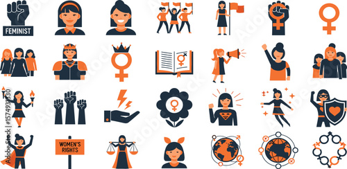 Feminist line icon set. Vector pictograms of women rights, empowerment, gender equality, raised fists, protest, feminist book, breaking chain thin linear illustration
