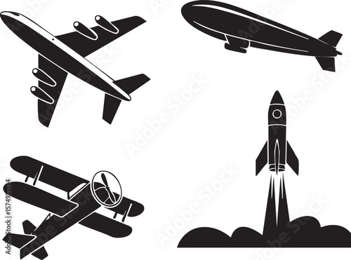 Variety Of Air Transportation In Black Silhouette Including Airplane Blimp Biplane And Rocket Perfect For Creative Design Projects