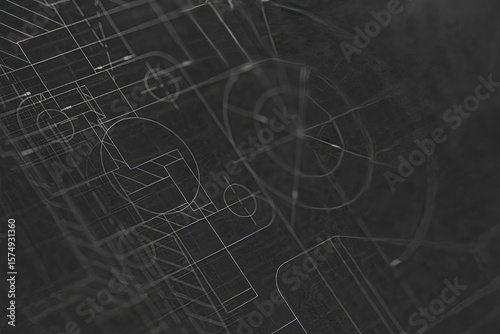 Intricate Architectural Blueprint Design Featuring Geometric Shapes and Precise Lines on a Dark Textured Background, Evoking Technical Precision.