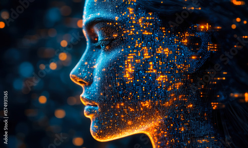 Digital human face composed of glowing blue and orange data points and circuits representing artificial intelligence and futuristic technology visualization in profile view
