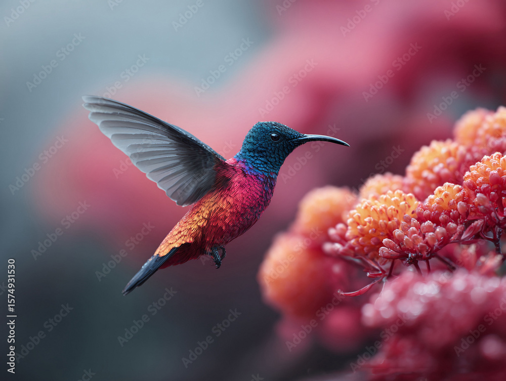 Fototapeta premium Vibrant hummingbird in flight near bright orange flowers. Symbolizes beauty, nature, and agility. Great for illustrating wildlife, freedom, or delicate ecosystems.