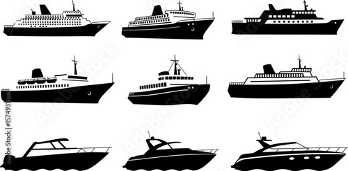 Cruise ships and yachts vector silhouettes for travel and tourism industry design and nautical theme projects