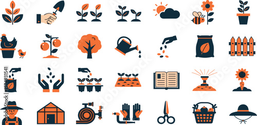 Gardening, Agriculture line icon set. Vector pictograms of grow your own food, watering can, greenhouse, seedling, sprout, farmer, pollination, fertilizer thin linear illustration