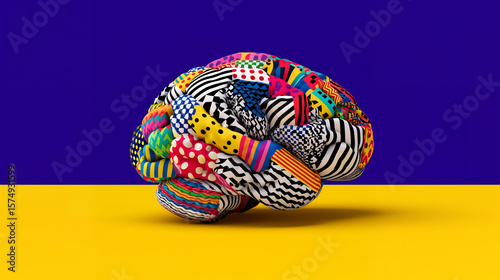 Vivid abstract illustration of a human brain bursting with bright colors and bold, eye-catching patterns, symbolizing the concept of dopamine-driven stimulation and creative energy.