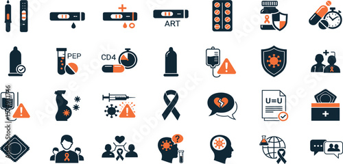 HIV medical AIDS line icon set. Vector pictograms of virus, positive, negative, medication, ribbon, doctor, support, protection, healthcare, tablet, capsule, test, thin linear illustration.