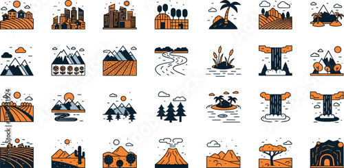 Landscapes line icon set. Vector pictograms of natural and urban scenery, mountain, beach, forest, desert, waterfall, cityscape, canyon thin linear illustration