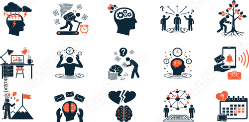 Overwhelmed, Stressful Situations line icon set. Vector pictograms of Mental strain, confusion, emotional pressure, anxiety, digital distraction, multitasking thin linear illustration