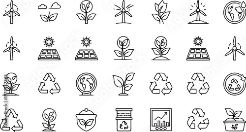 vector set of Ecology, Sustainable design, conservation, eco friendly design icon set in thin line style
