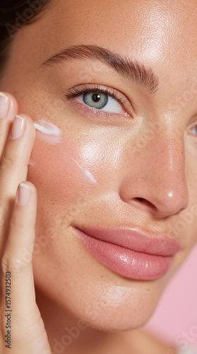 Beauty Shot of Woman Applying Skincare Product to Face in Soft Lighting