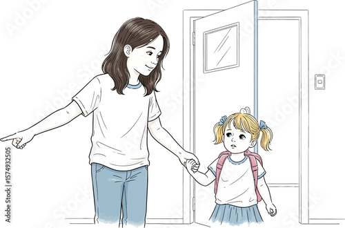 Illustration of sister taking little sister to school back to school sibling love and care concept