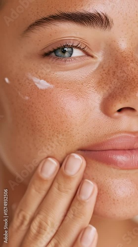 Beauty Shot of Woman Applying Skincare Product to Face in Soft Lighting