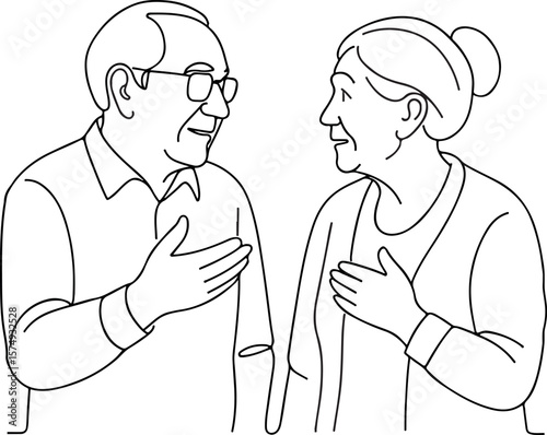 Senior Man and Woman Talking Together Elderly Couple Line Art on White