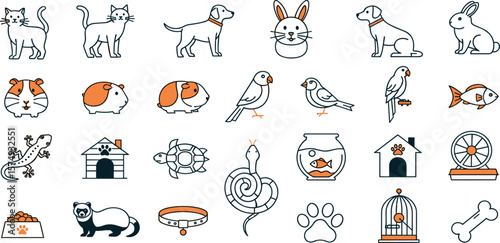 Pets line icon set. Vector pictograms of cat, dog, rabbit, fish, bird, lizard, domestic animals thin linear illustration.