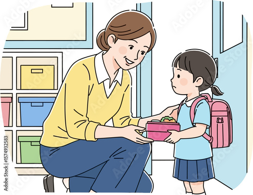 Mother giving lunch box to child going to school vector illustration back to school concept design 100