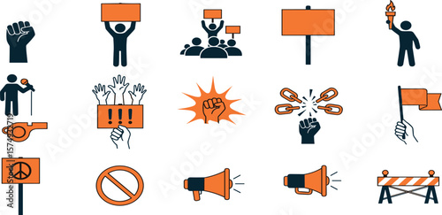 Protest, activism line icon set. Vector pictograms of raised fists, placard, march, demonstration, civil rights, freedom of speech thin linear illustration.