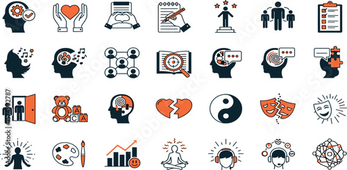 Psychotherapy Types line icon set. Vector pictograms of therapy methods, approaches, mental health treatments, cognitive, behavioral, humanistic, positive psychology gestalt thin linear illustration.