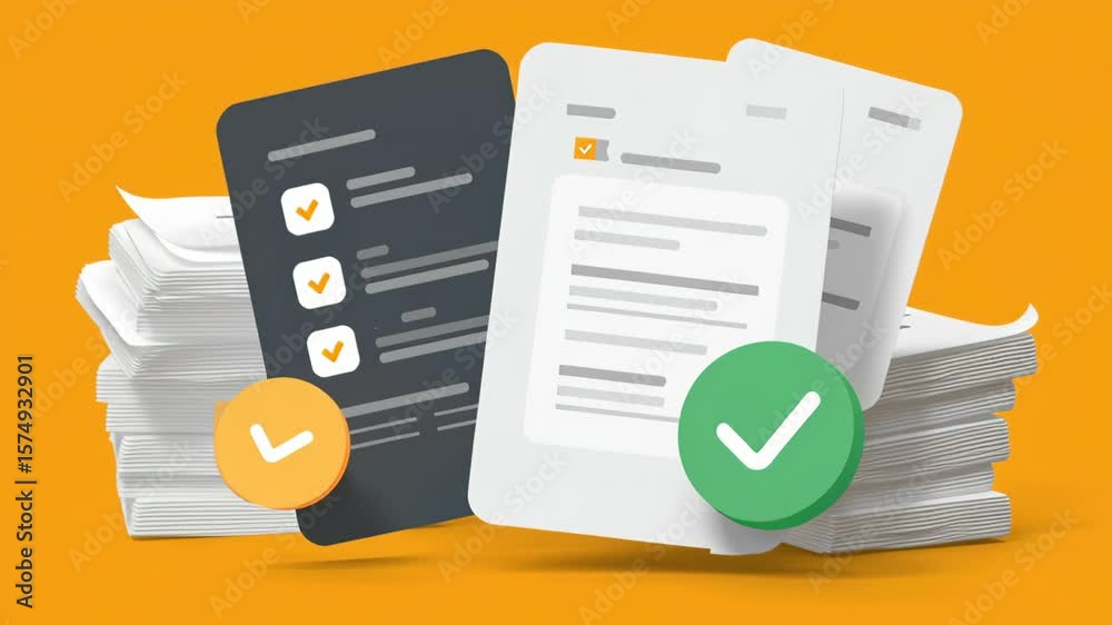Digital procurement checklist and approval documents managing paper stack for efficient business workflow with timely verification and process control