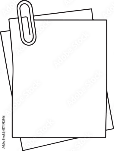 Papers with Paper Clip Office Document Line Drawing on White Background