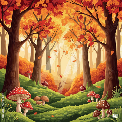 autumn, tree, landscape, nature, vector, illustration, leaf, season, fall, house, flower, farm, summer, forest, grass, plant, sky, cartoon, garden, spring, field, leaves, village, design, art