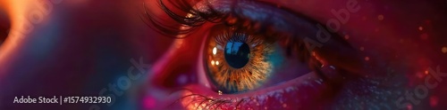 A dramatic close-up of a single eye, reflecting the bright lights of Hollywood, conveying ambition, dreams, and the allure of fame , red carpet, close-up, big
