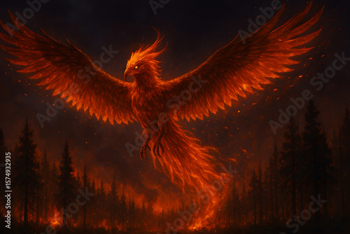 A powerful phoenix, ablaze with fire, soars majestically above a dark, burning forest, appearing reborn and fierce