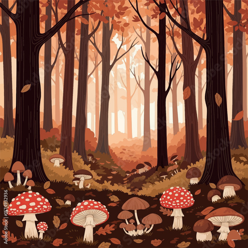 autumn, tree, landscape, nature, vector, illustration, leaf, season, fall, house, flower, farm, summer, forest, grass, plant, sky, cartoon, garden, spring, field, leaves, village, design, art