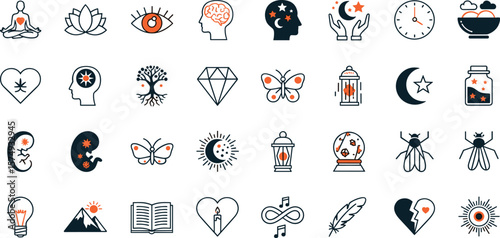 Spiritual, Inner Growth line icon set. Vector pictograms of mindfulness, personal transformation, enlightenment, crystal glow, meditation, universe, chakra strength, esoteric thin linear illustration