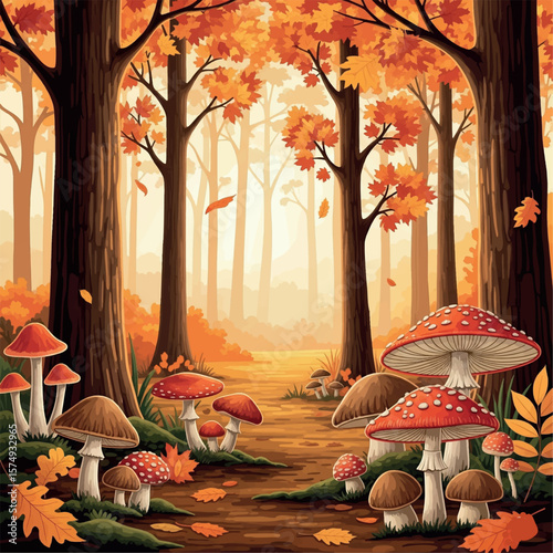 autumn, tree, landscape, nature, vector, illustration, leaf, season, fall, house, flower, farm, summer, forest, grass, plant, sky, cartoon, garden, spring, field, leaves, village, design, art