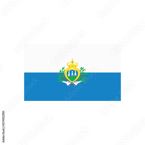 A flag of san marino with a white stripe on top and blue stripe on the bottom with a coat of arms centered