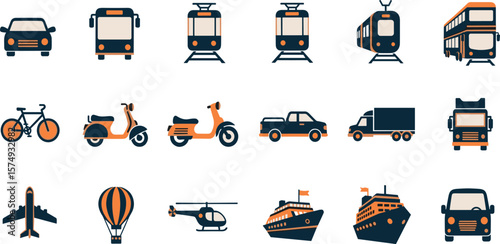 Transportation, vehicle icon set. Vector glyph pictograms of travel, logistics, public transit concepts, car, train, bus, bicycle, boat, and airplane black silhouette illustration.